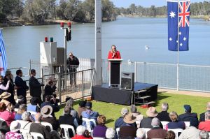 Helen Stagg addressing the crowd at Lock 1.